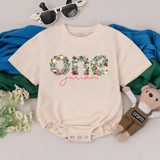 Jurian's Wildflower One Romper, Boho First Birthday Outfit, Personalized Floral Baby Girl Bodysuit, Cake Smash, Natural Birthday Gift 130-140