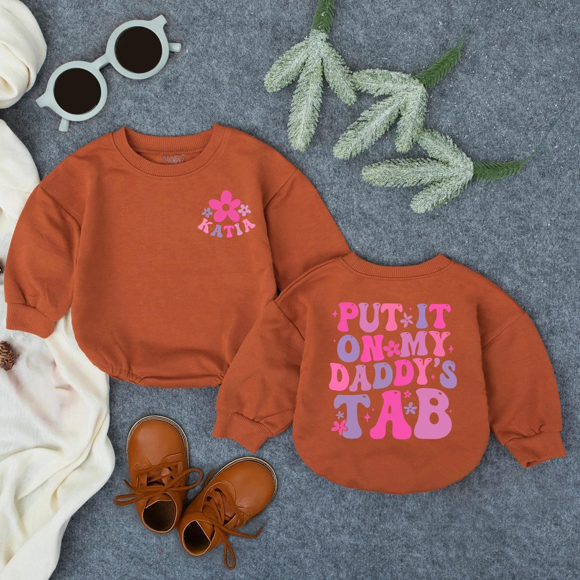 Personalized Daddy's Tab Romper Set: Floral Name Tee & Retro Fun Bodysuit, Baby Girl Father's Day Gift, Whimsical Newborn Outfit, Infant Clothes 139
