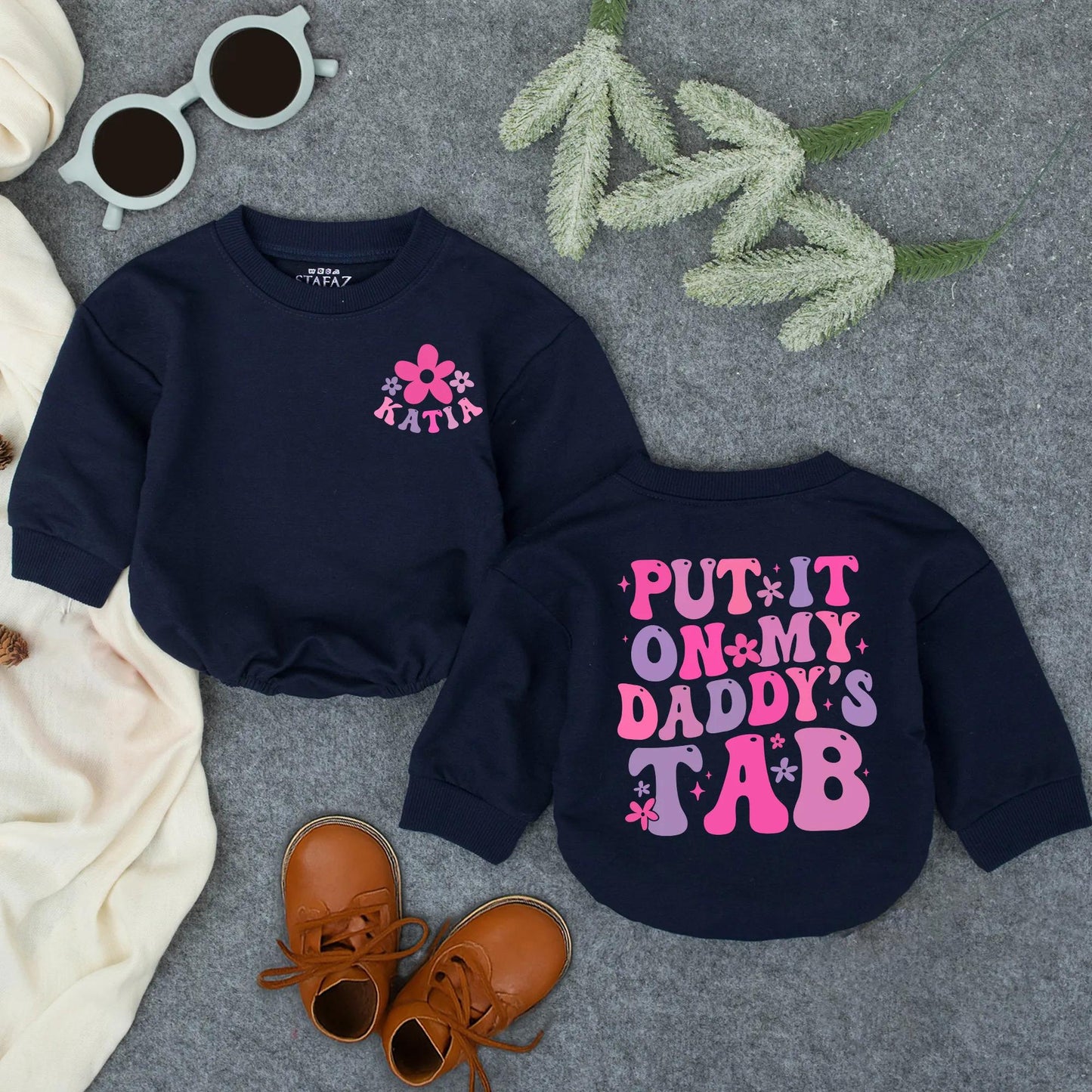 Personalized Daddy's Tab Romper Set: Floral Name Tee & Retro Fun Bodysuit, Baby Girl Father's Day Gift, Whimsical Newborn Outfit, Infant Clothes 139