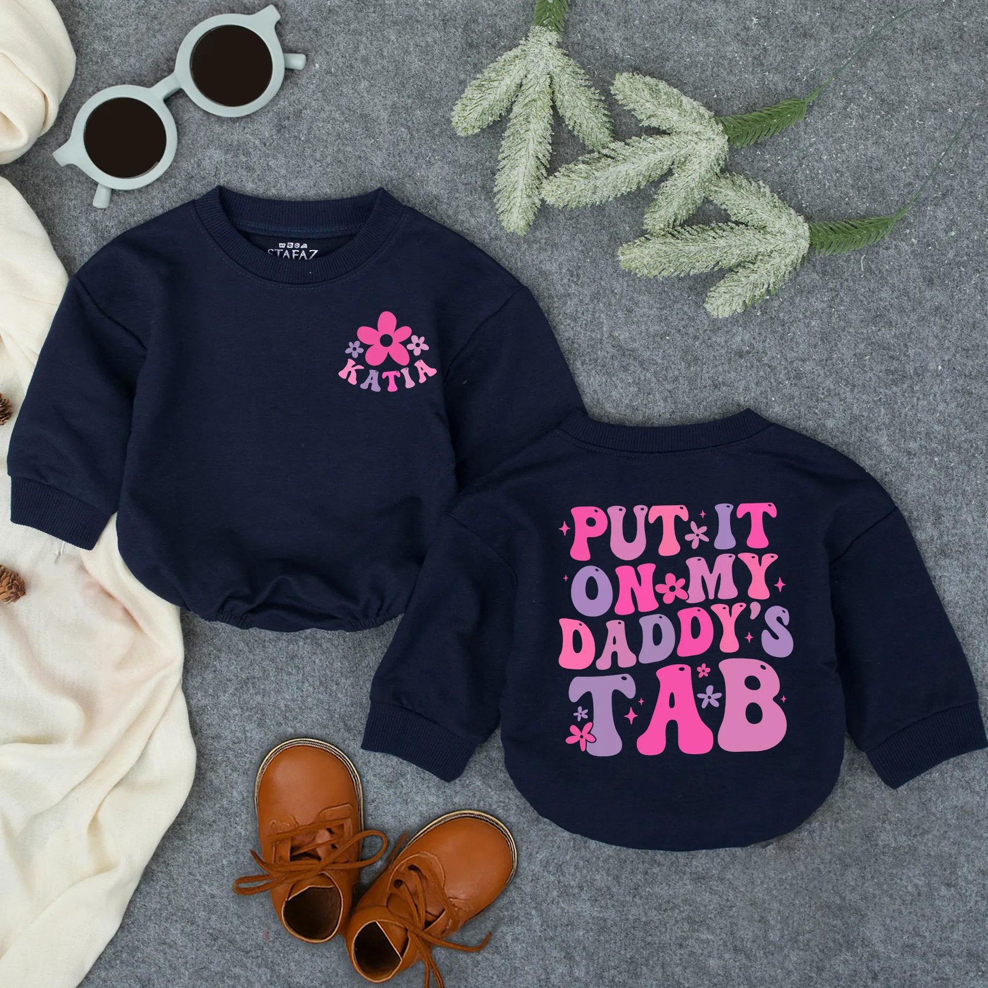 Personalized Daddy's Tab Romper Set: Floral Name Tee & Retro Fun Bodysuit, Baby Girl Father's Day Gift, Whimsical Newborn Outfit, Infant Clothes 139