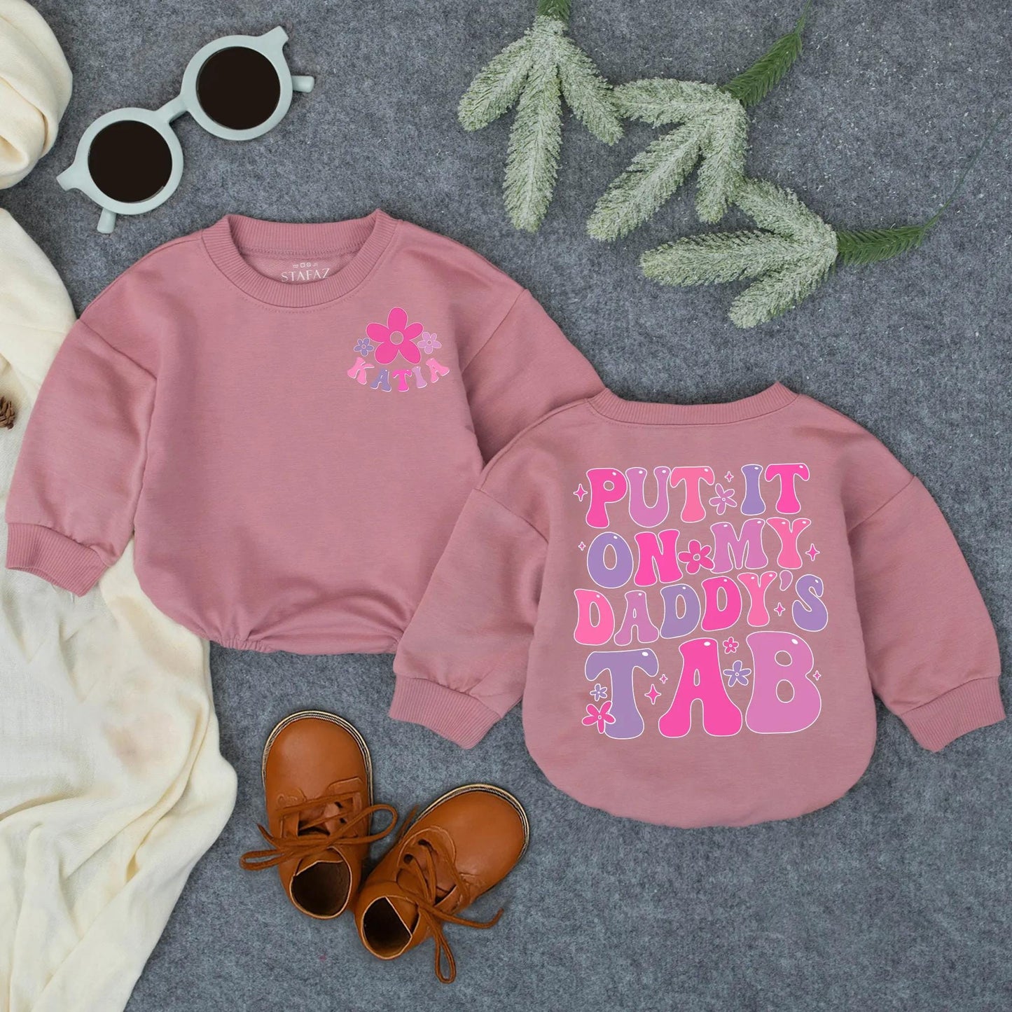 Personalized Daddy's Tab Romper Set: Floral Name Tee & Retro Fun Bodysuit, Baby Girl Father's Day Gift, Whimsical Newborn Outfit, Infant Clothes 139