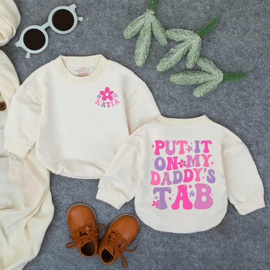 Personalized Daddy's Tab Romper Set: Floral Name Tee & Retro Fun Bodysuit, Baby Girl Father's Day Gift, Whimsical Newborn Outfit, Infant Clothes 139
