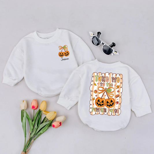 Personalized Pumpkin Cherries Bubble Romper Take Me to The Pumpkin Patch Fall Baby Outfit Whimsical Autumn Design Custom Name Baby Girl Clothes