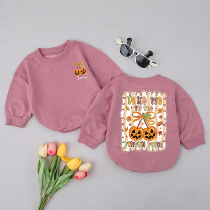 Personalized Pumpkin Cherries Bubble Romper Take Me to The Pumpkin Patch Fall Baby Outfit Whimsical Autumn Design Custom Name Baby Girl Clothes