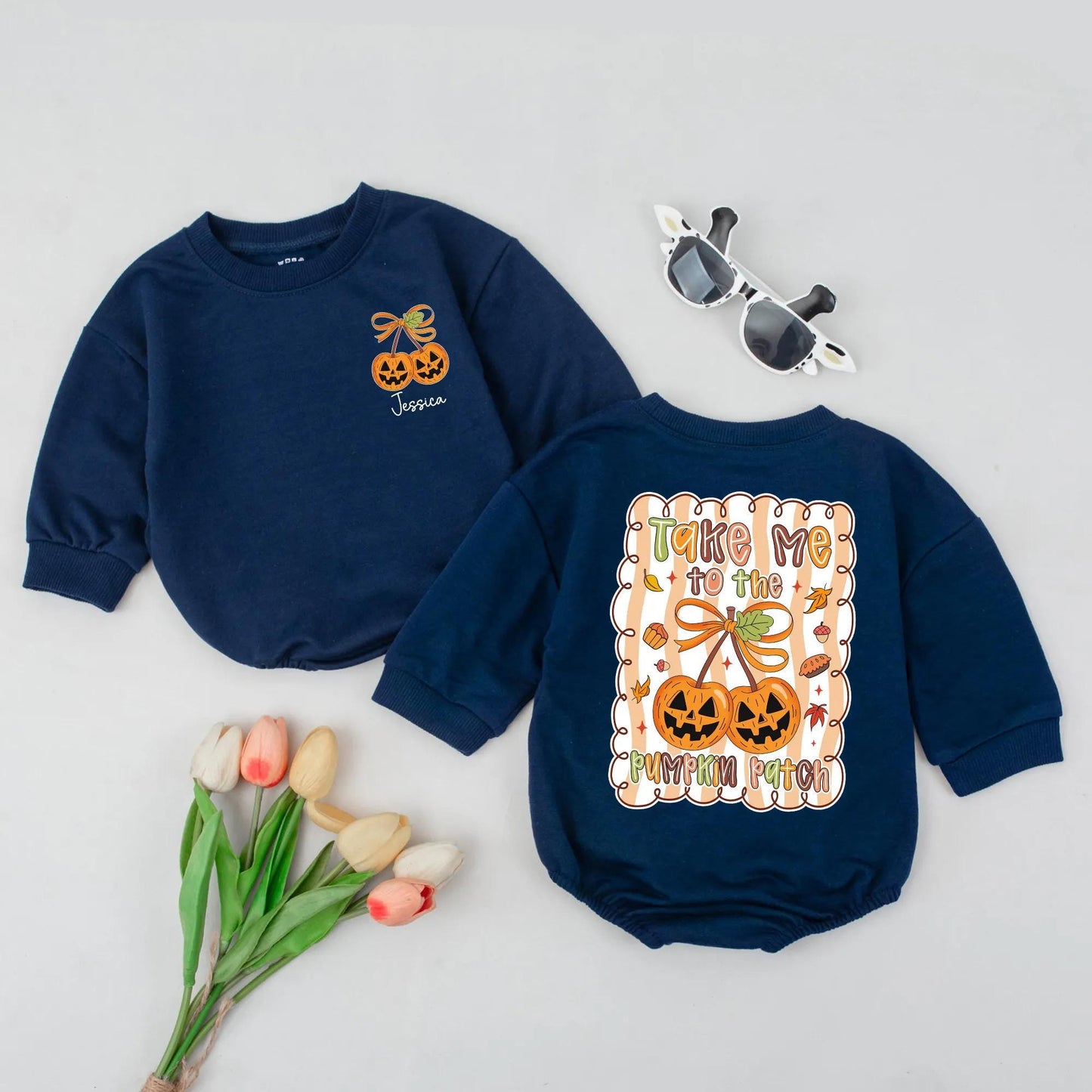 Personalized Pumpkin Cherries Bubble Romper Take Me to The Pumpkin Patch Fall Baby Outfit Whimsical Autumn Design Custom Name Baby Girl Clothes
