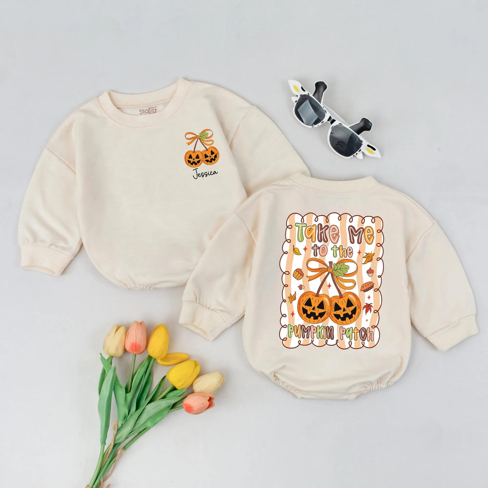 Personalized Pumpkin Cherries Bubble Romper Take Me to The Pumpkin Patch Fall Baby Outfit Whimsical Autumn Design Custom Name Baby Girl Clothes