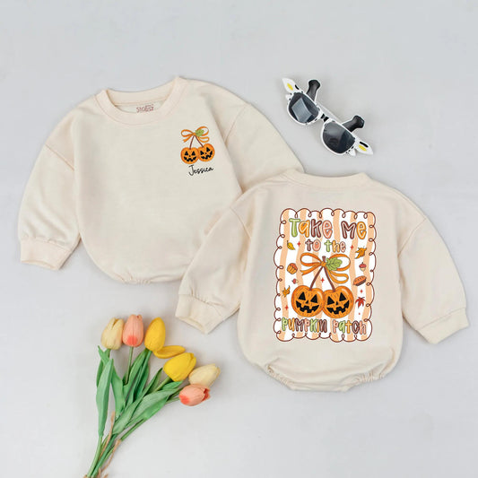 Personalized Pumpkin Cherries Bubble Romper Take Me to The Pumpkin Patch Fall Baby Outfit Whimsical Autumn Design Custom Name Baby Girl Clothes