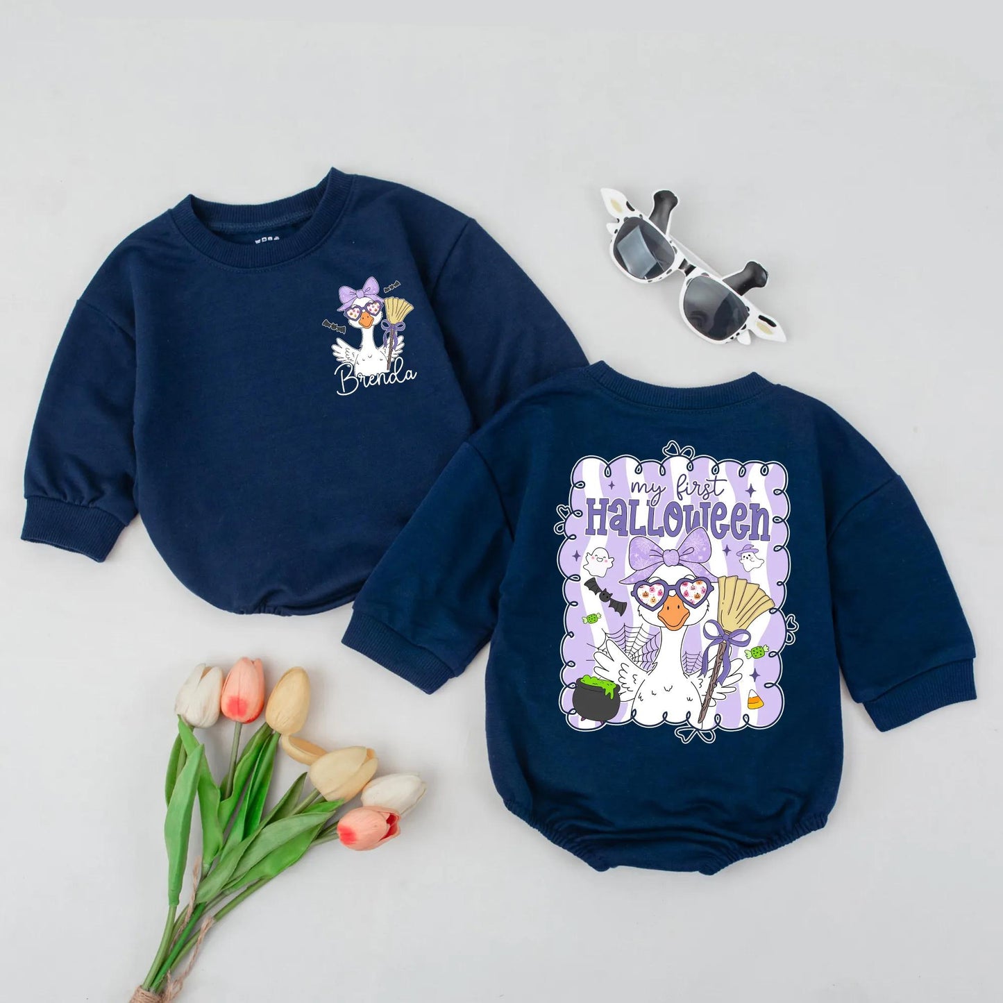 My First Halloween Goose Romper Cute Baby Girl Outfit Purple Bow Spooky Goose Custom Name Bodysuit Fall Gift