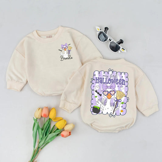 My First Halloween Goose Romper Cute Baby Girl Outfit Purple Bow Spooky Goose Custom Name Bodysuit Fall Gift