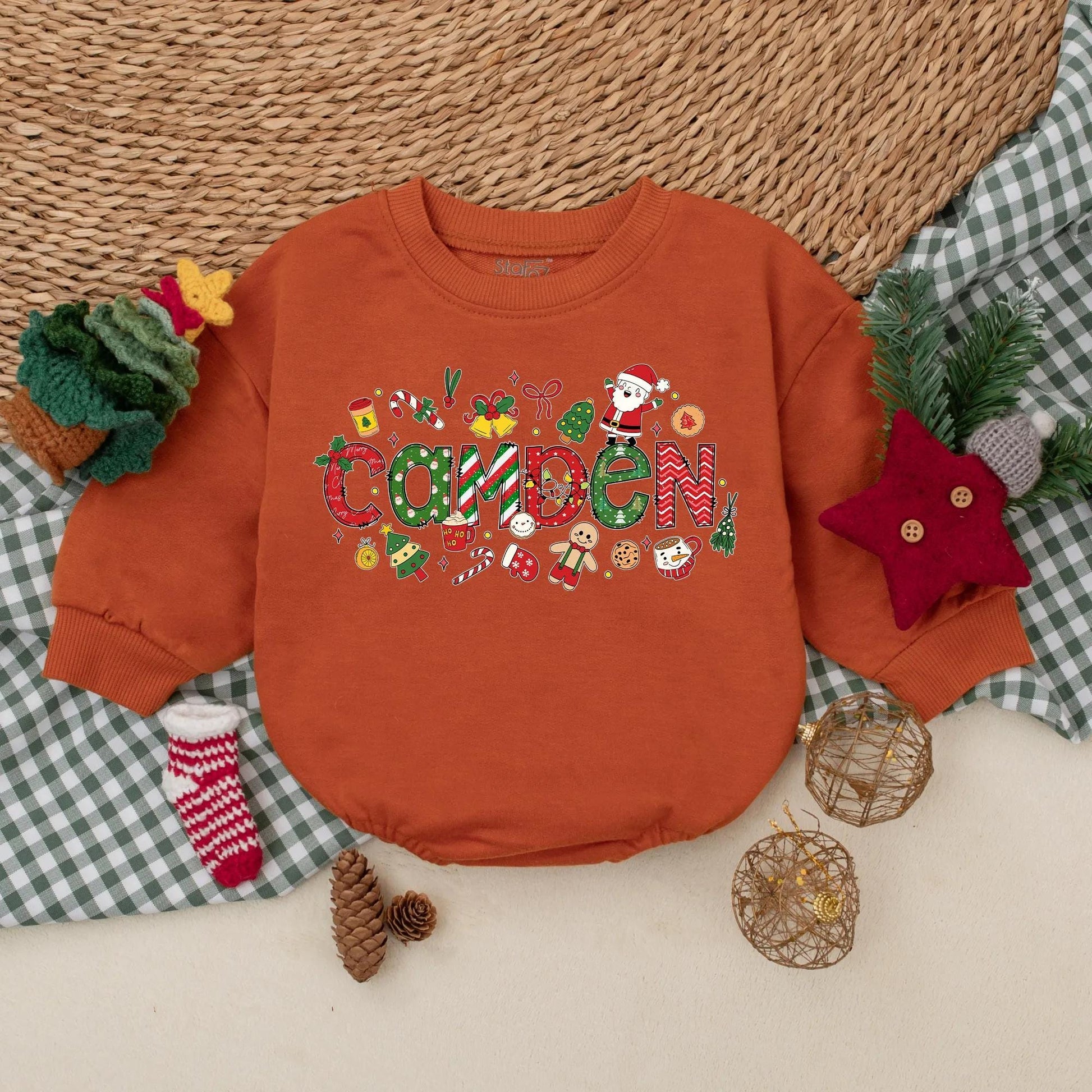 Personalized Baby Boy Christmas Romper My 1st Christmas Holiday Bodysuit Whimsical Festive Design with Santa Candy Canes Trees Ornaments