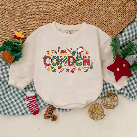 Personalized Baby Boy Christmas Romper My 1st Christmas Holiday Bodysuit Whimsical Festive Design with Santa Candy Canes Trees Ornaments