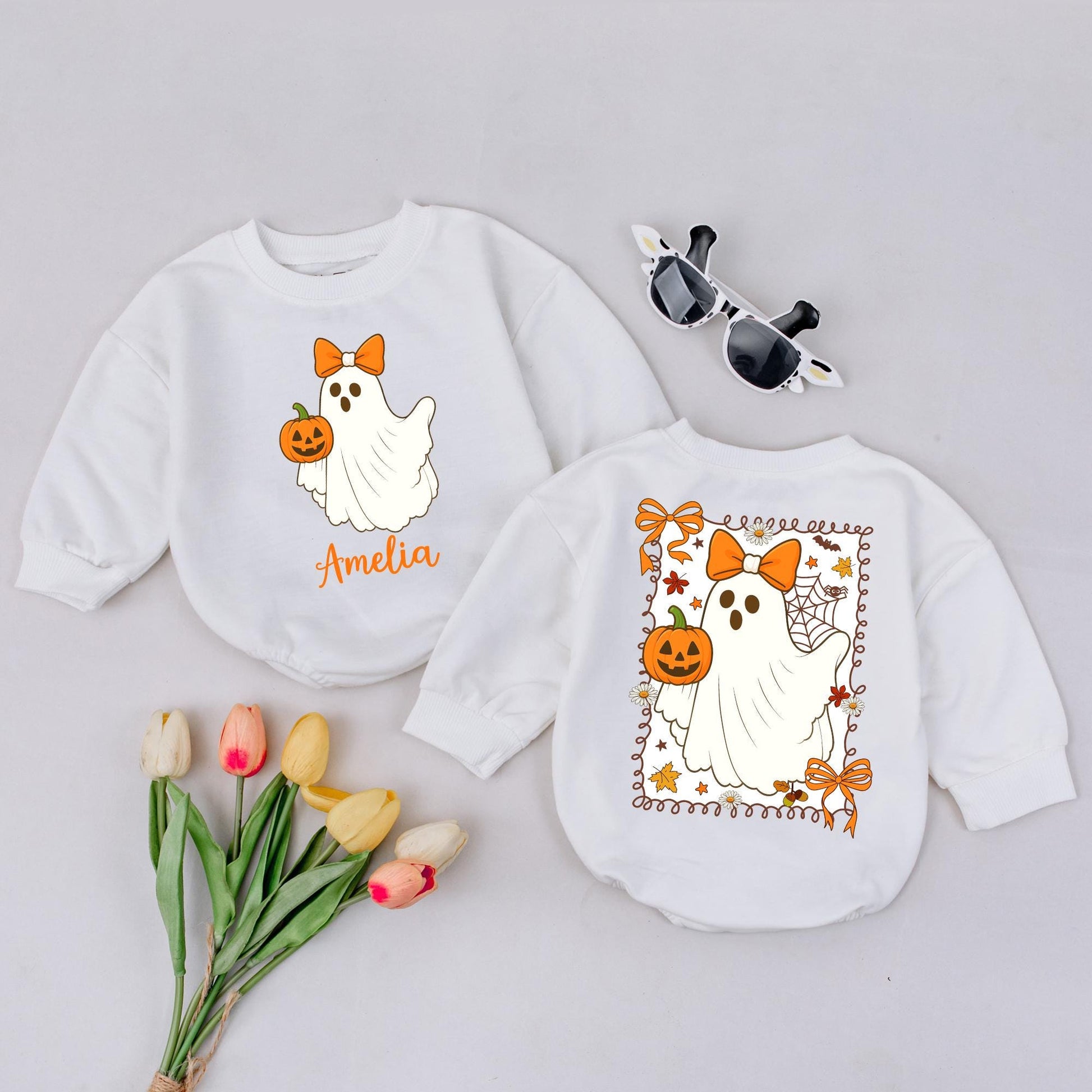 Personalized Boo Halloween Romper, Cute Ghost with Bow, Custom Name Amelia, Fall Baby Outfit, Spooky Season, Orange & Green Colors, Halloween Gift (139)