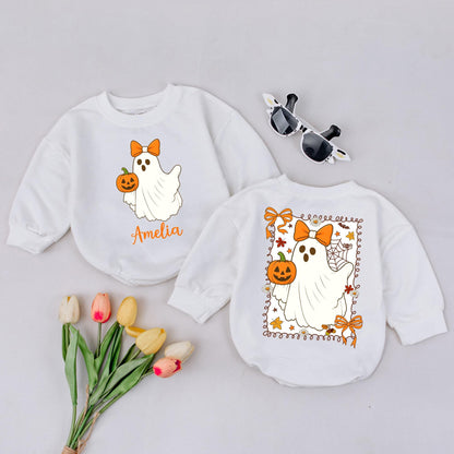 Personalized Boo Halloween Romper, Cute Ghost with Bow, Custom Name Amelia, Fall Baby Outfit, Spooky Season, Orange & Green Colors, Halloween Gift (139)