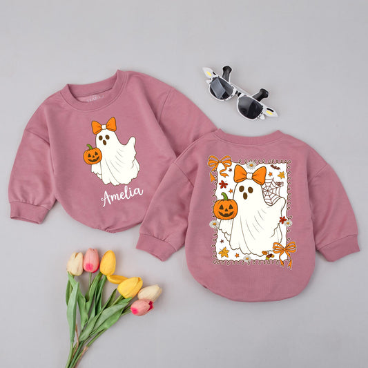 Personalized Boo Halloween Romper, Cute Ghost with Bow, Custom Name Amelia, Fall Baby Outfit, Spooky Season, Orange & Green Colors, Halloween Gift (139)