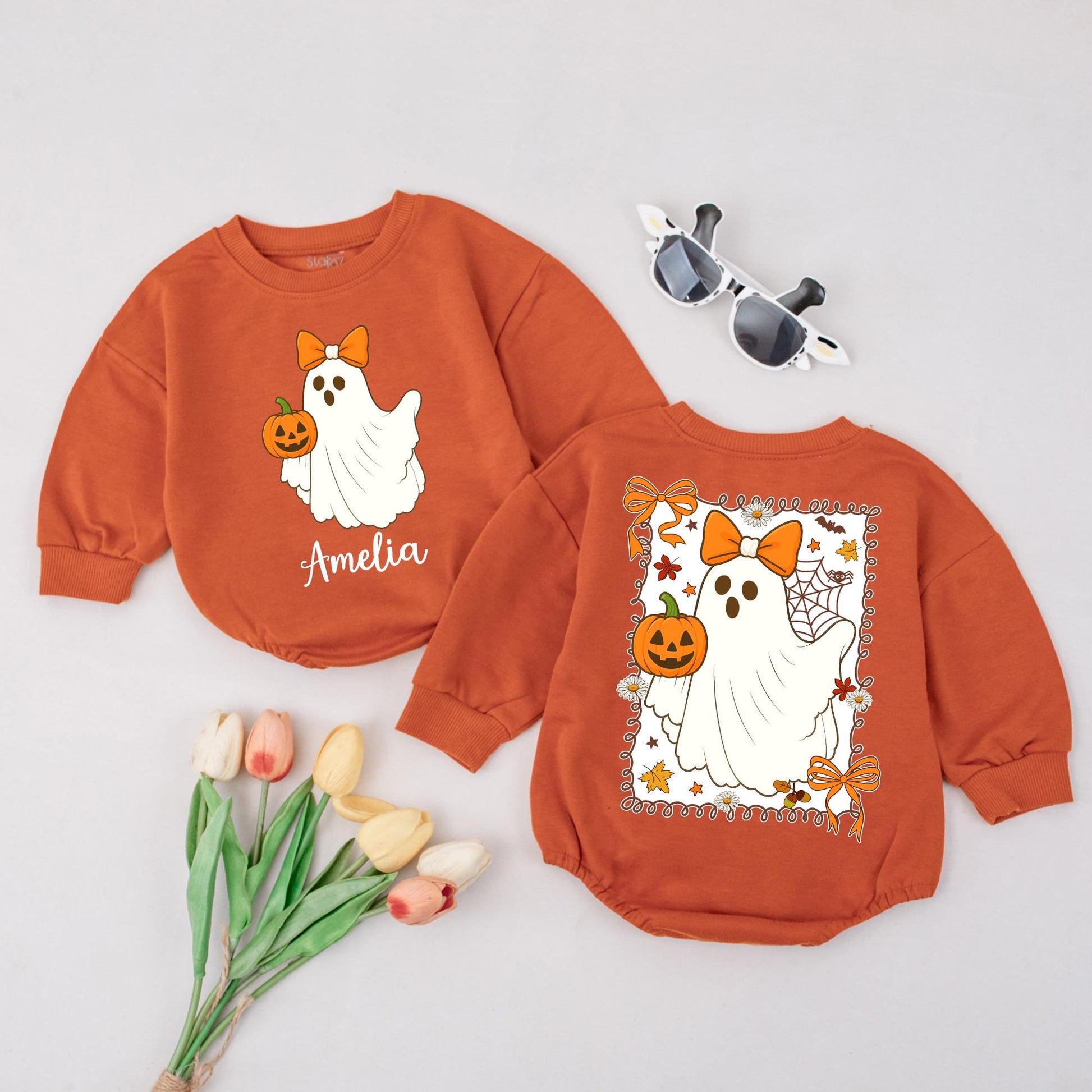 Personalized Boo Halloween Romper, Cute Ghost with Bow, Custom Name Amelia, Fall Baby Outfit, Spooky Season, Orange & Green Colors, Halloween Gift (139)