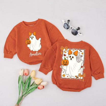 Personalized Boo Halloween Romper, Cute Ghost with Bow, Custom Name Amelia, Fall Baby Outfit, Spooky Season, Orange & Green Colors, Halloween Gift (139)