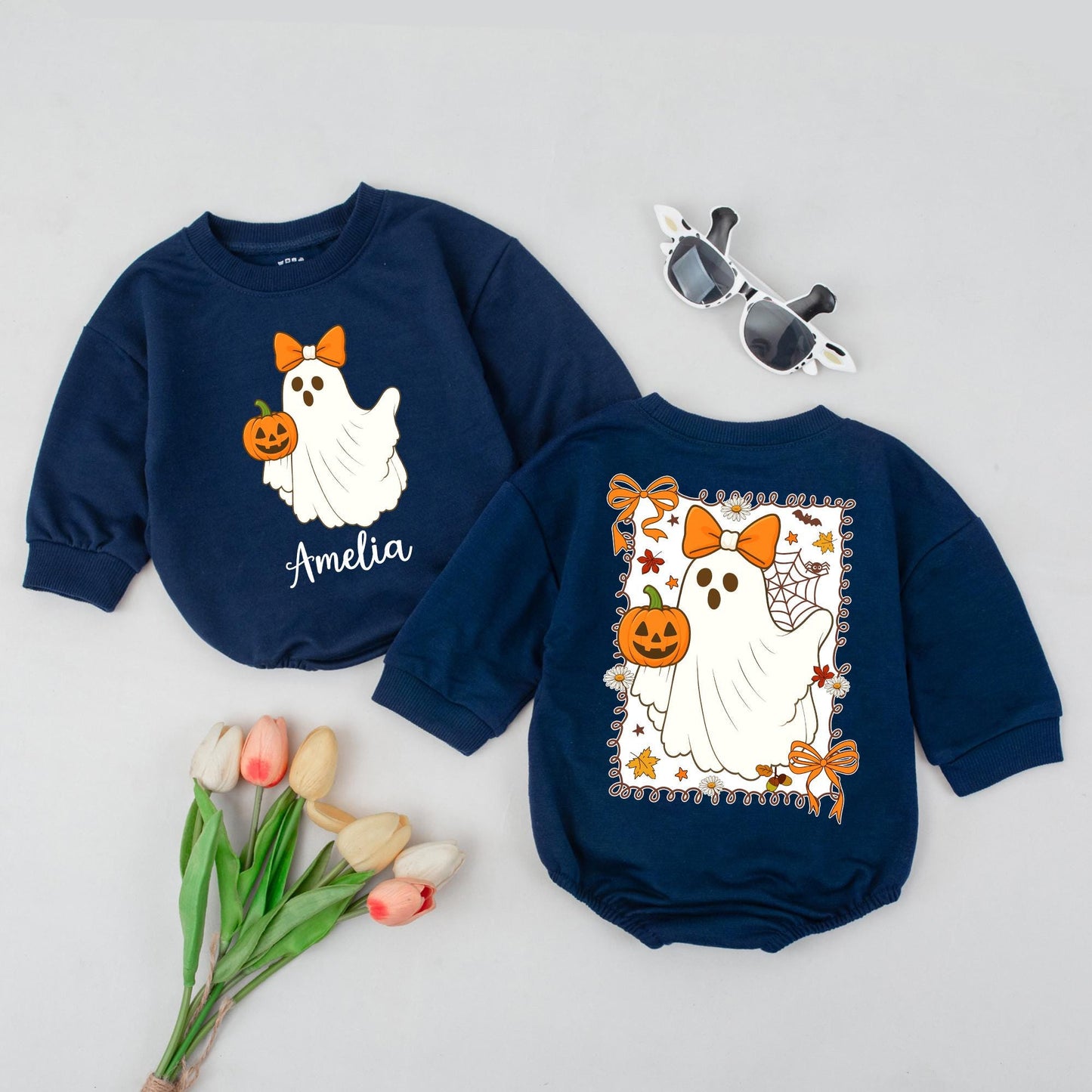 Personalized Boo Halloween Romper, Cute Ghost with Bow, Custom Name Amelia, Fall Baby Outfit, Spooky Season, Orange & Green Colors, Halloween Gift (139)
