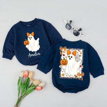 Personalized Boo Halloween Romper, Cute Ghost with Bow, Custom Name Amelia, Fall Baby Outfit, Spooky Season, Orange & Green Colors, Halloween Gift (139)