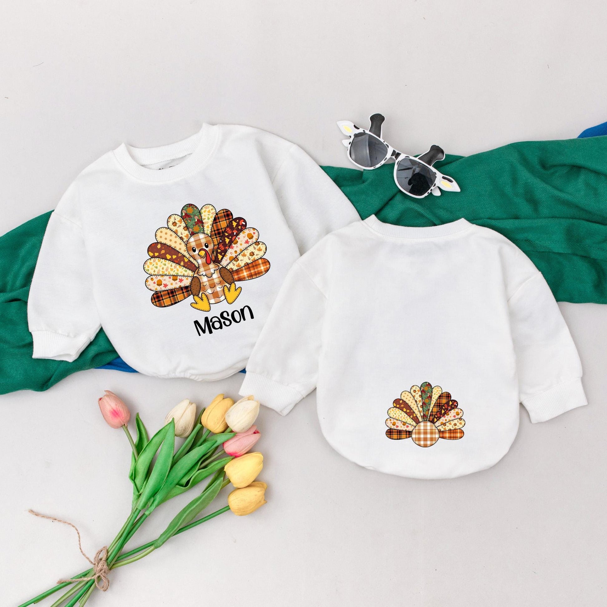 Personalized Name Patchwork Turkey Romper Cute Fall Thanksgiving Outfit Little Baby Shower Gift Homespun Autumnal Style
