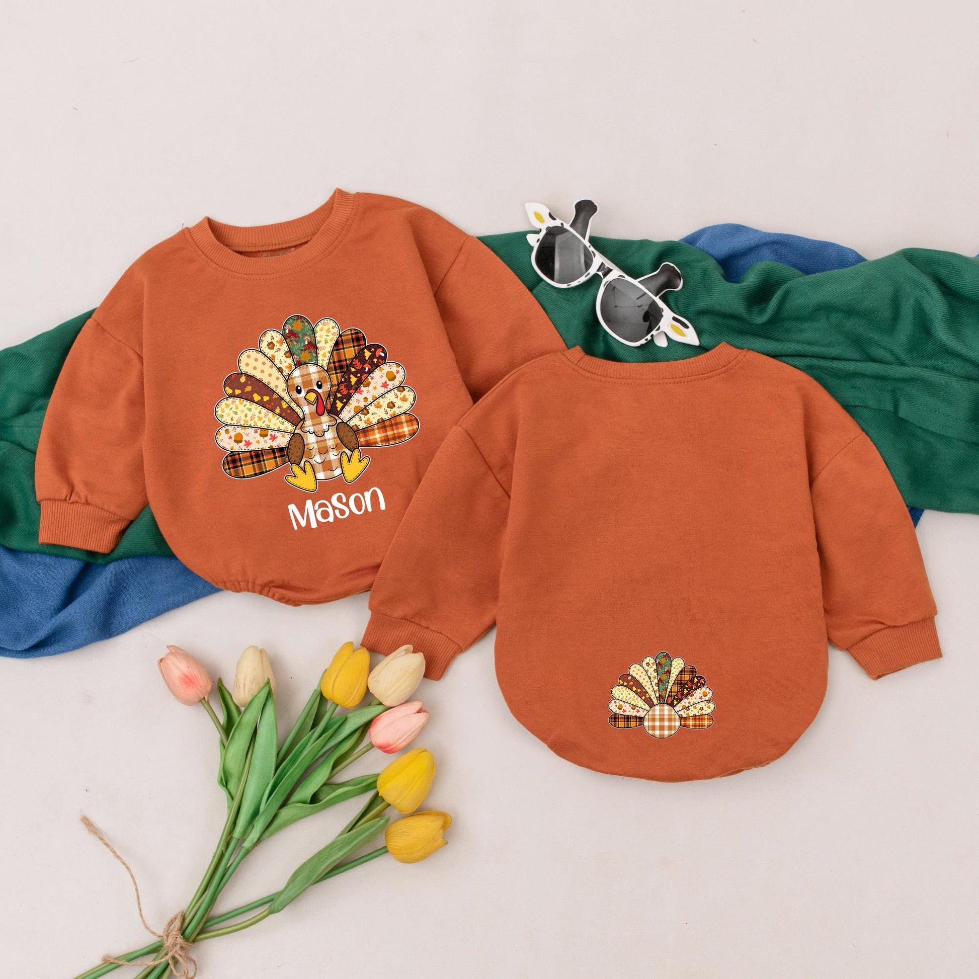 Personalized Name Patchwork Turkey Romper Cute Fall Thanksgiving Outfit Little Baby Shower Gift Homespun Autumnal Style