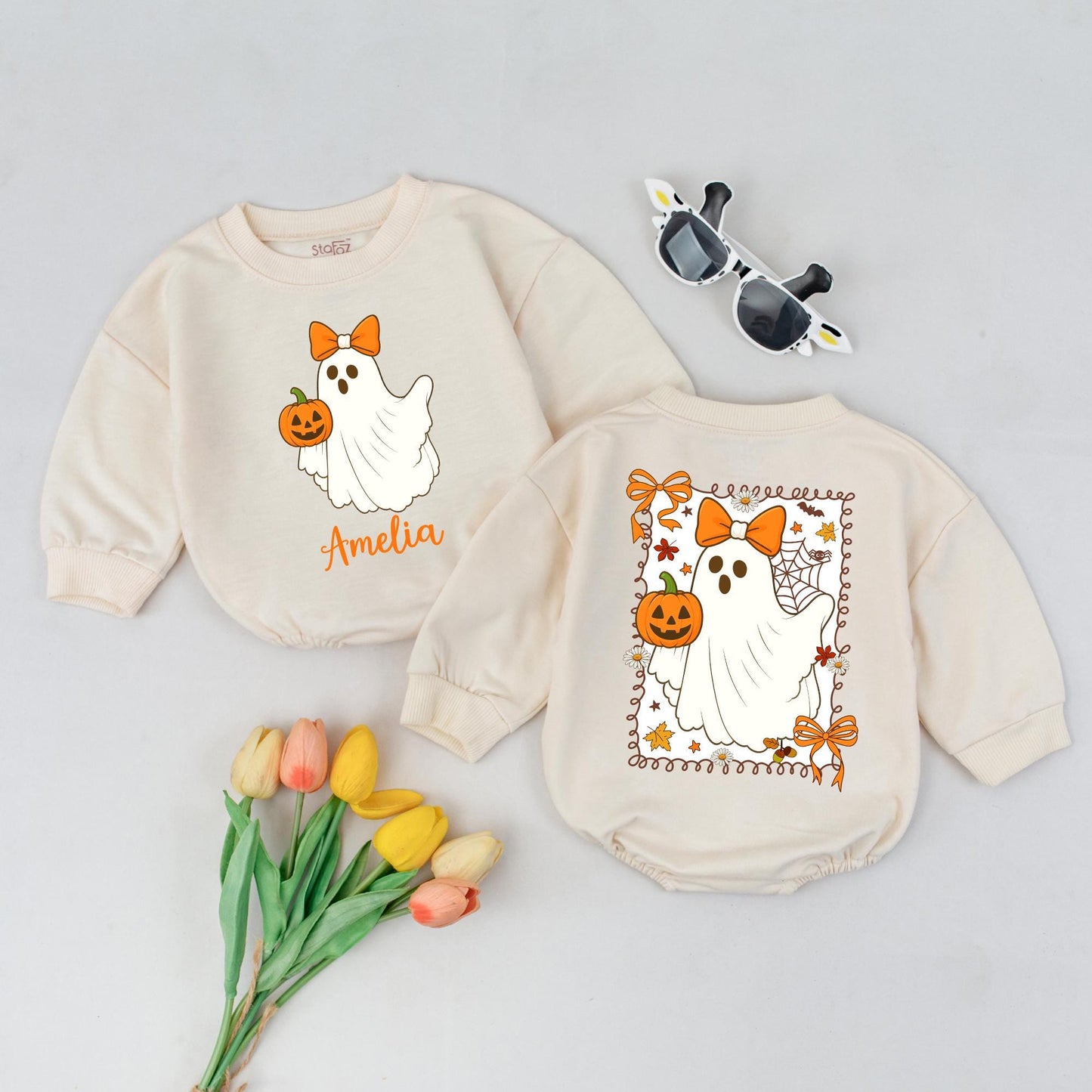Personalized Boo Halloween Romper, Cute Ghost with Bow, Custom Name Amelia, Fall Baby Outfit, Spooky Season, Orange & Green Colors, Halloween Gift (139)