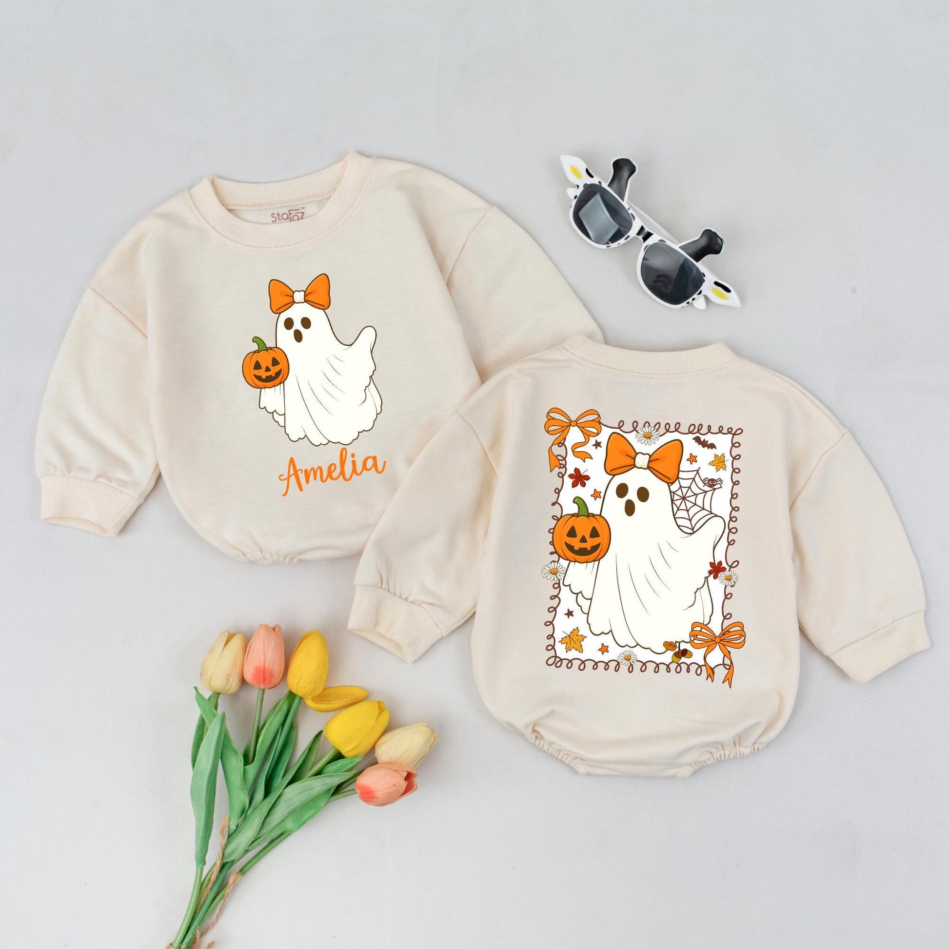 Personalized Boo Halloween Romper, Cute Ghost with Bow, Custom Name Amelia, Fall Baby Outfit, Spooky Season, Orange & Green Colors, Halloween Gift (139)