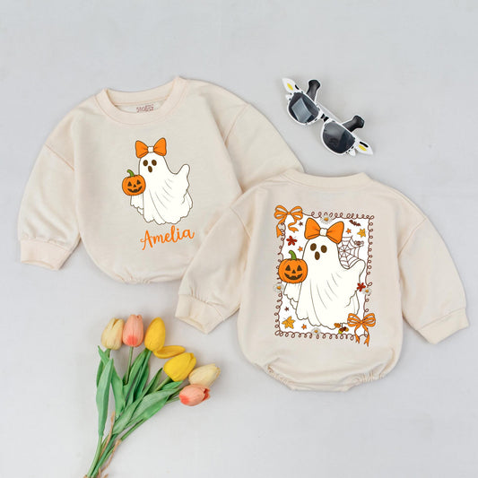 Personalized Boo Halloween Romper, Cute Ghost with Bow, Custom Name Amelia, Fall Baby Outfit, Spooky Season, Orange & Green Colors, Halloween Gift (139)