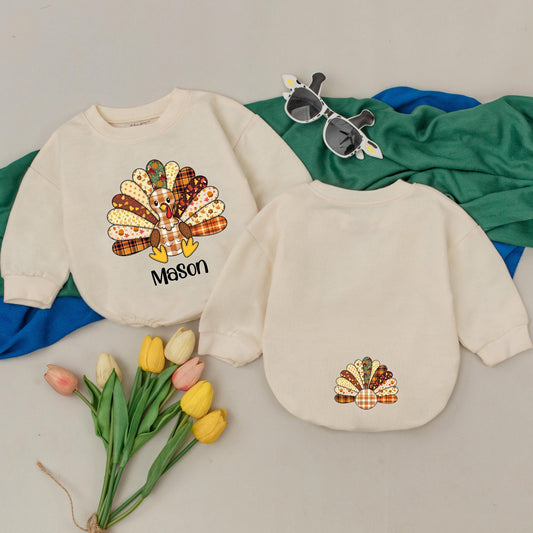 Personalized Name Patchwork Turkey Romper Cute Fall Thanksgiving Outfit Little Baby Shower Gift Homespun Autumnal Style