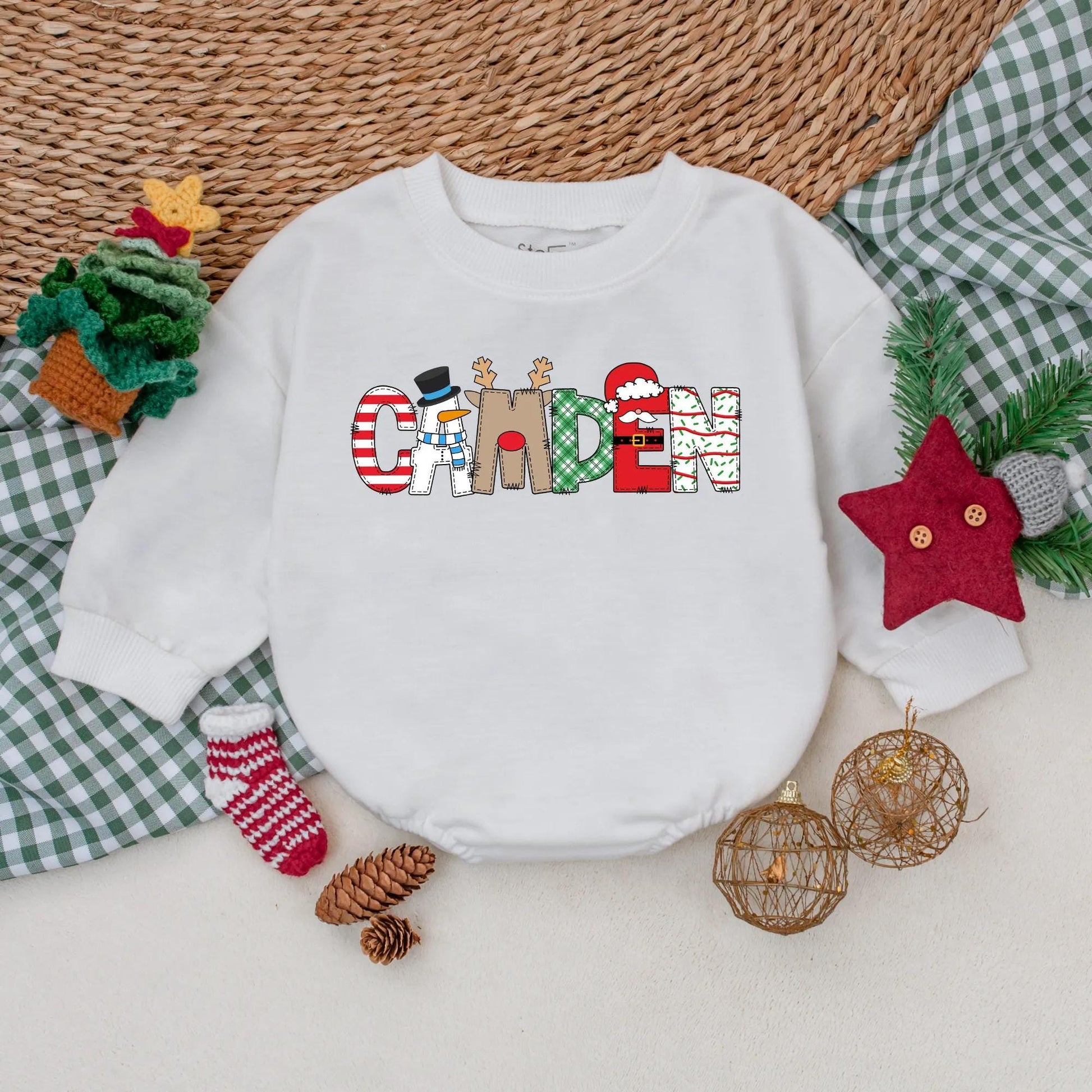 CAMDEN Christmas Baby Bubble Romper - Personalized First Christmas Bodysuit, Festive Winter Baby Clothes, Holiday Gift