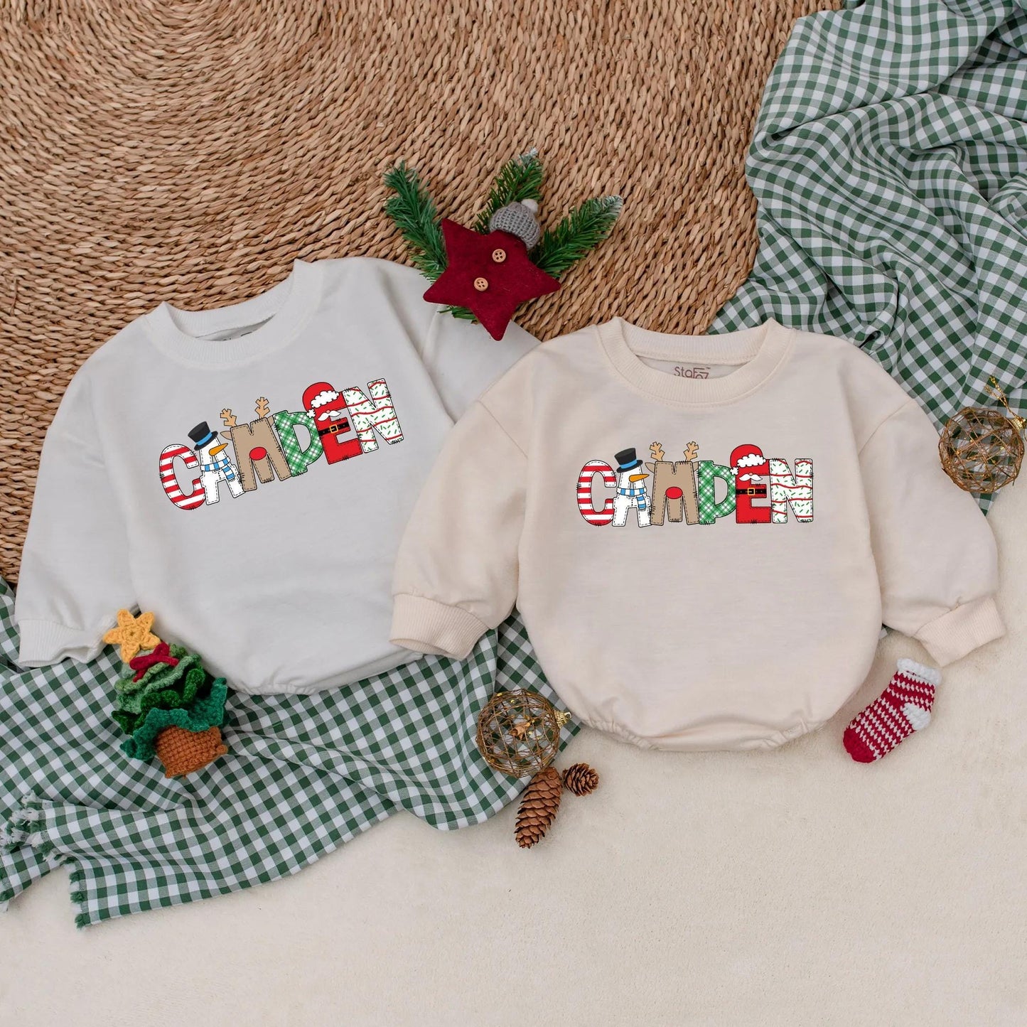 CAMDEN Christmas Baby Bubble Romper - Personalized First Christmas Bodysuit, Festive Winter Baby Clothes, Holiday Gift