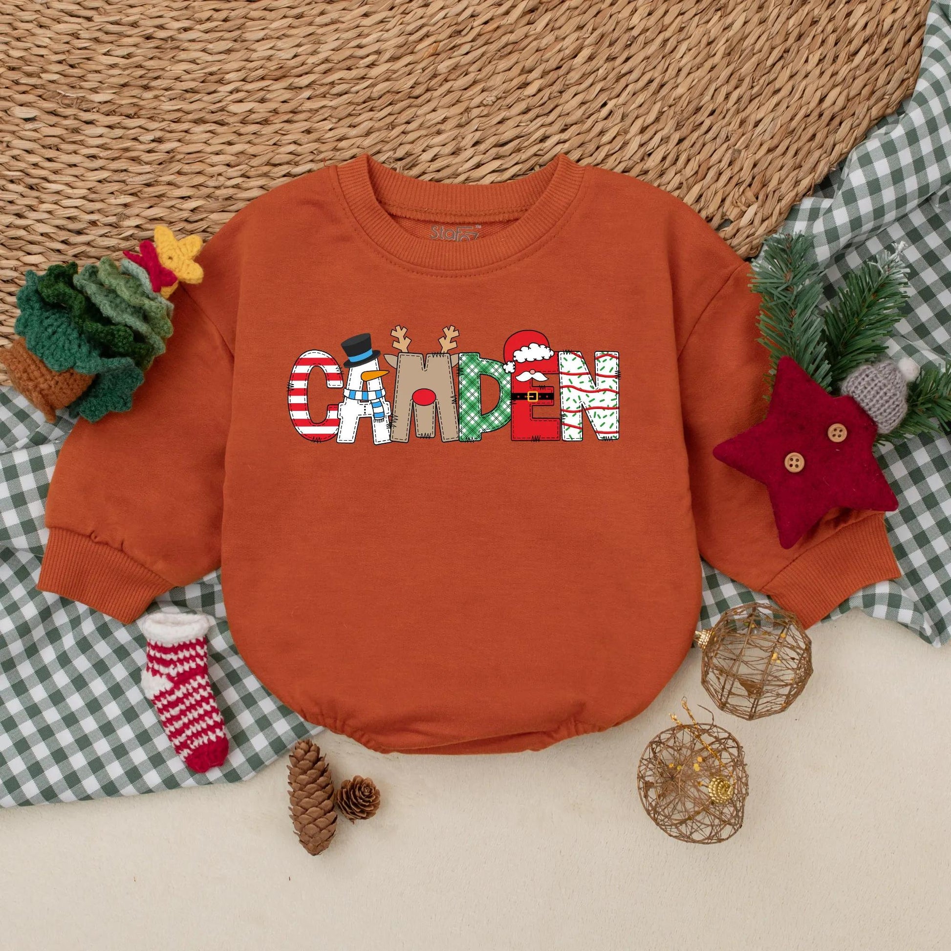 CAMDEN Christmas Baby Bubble Romper - Personalized First Christmas Bodysuit, Festive Winter Baby Clothes, Holiday Gift
