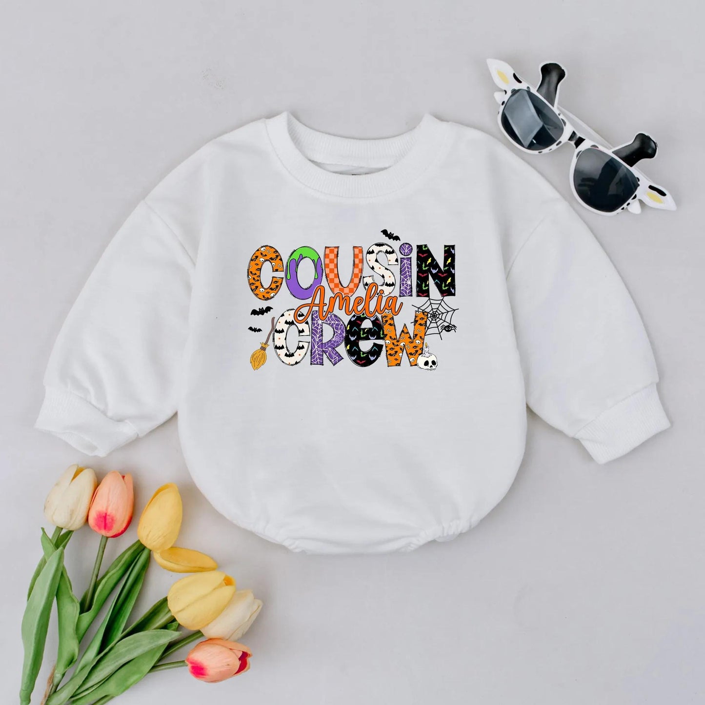 Personalized Cousin Crew Halloween Romper Playful Pumpkin Ghost Bat Pattern Baby Outfit Spooky Fall Infant Gift Bubble Bodysuit Boy Girl