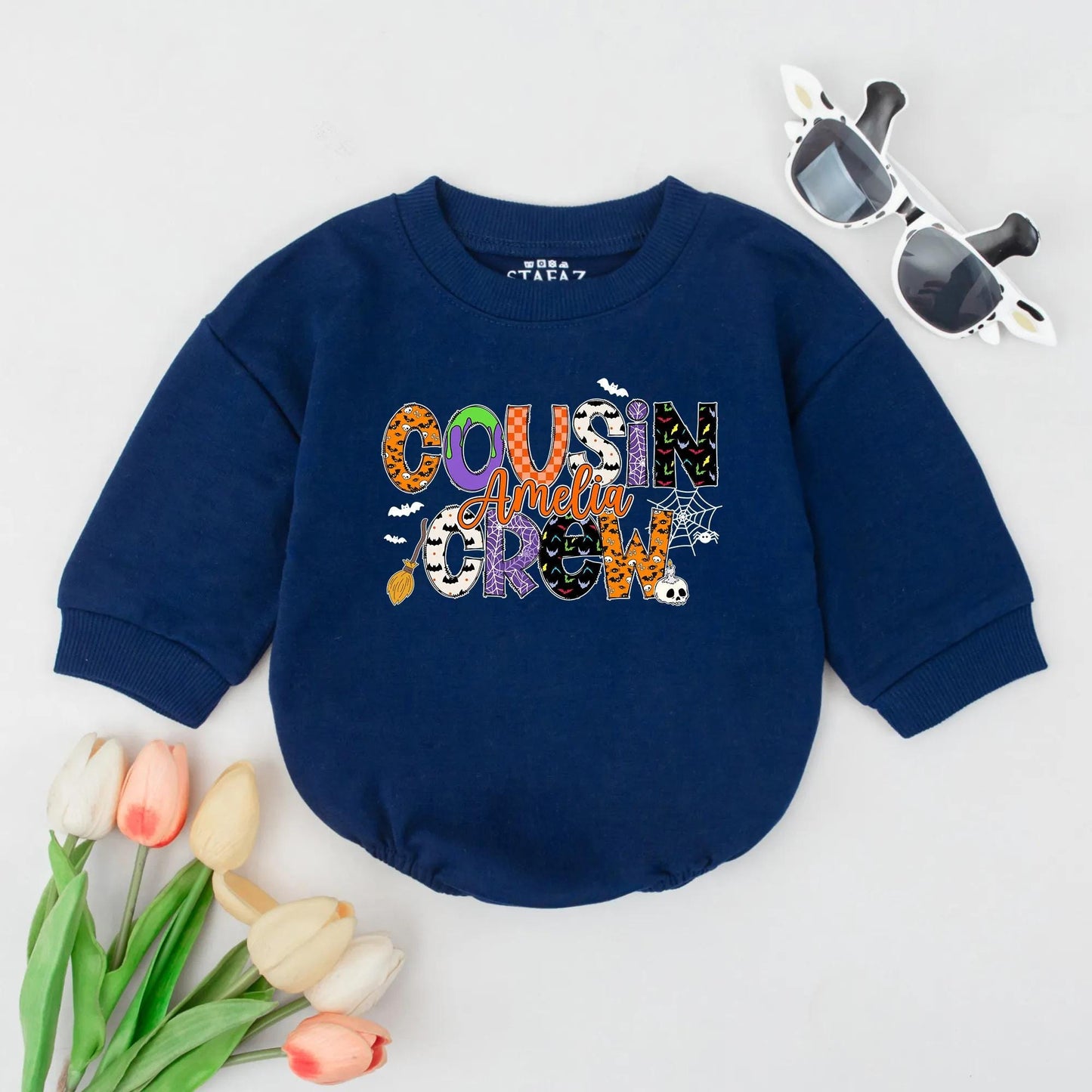 Personalized Cousin Crew Halloween Romper Playful Pumpkin Ghost Bat Pattern Baby Outfit Spooky Fall Infant Gift Bubble Bodysuit Boy Girl