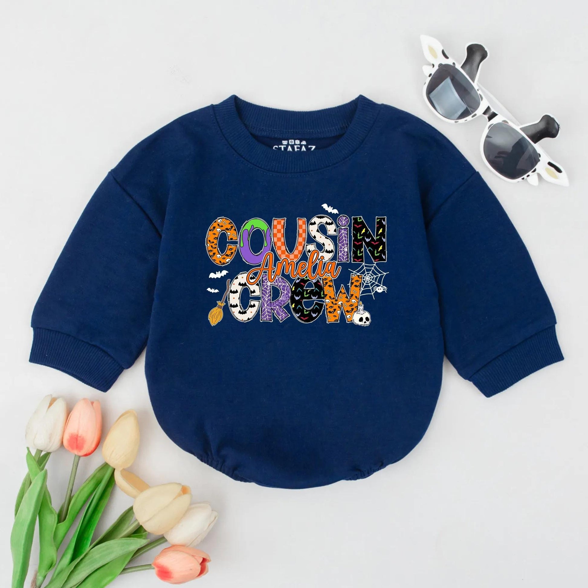 Personalized Cousin Crew Halloween Romper Playful Pumpkin Ghost Bat Pattern Baby Outfit Spooky Fall Infant Gift Bubble Bodysuit Boy Girl