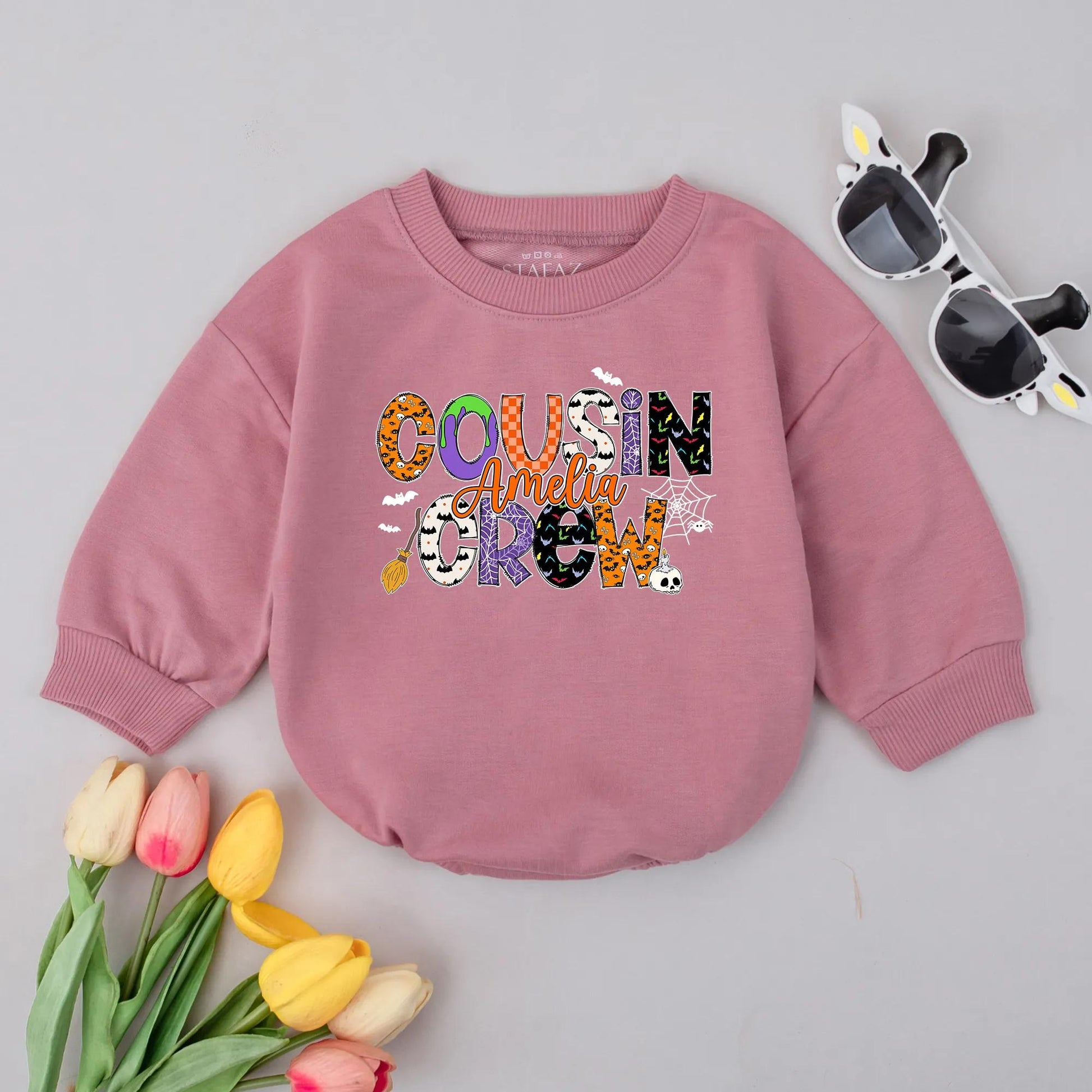 Personalized Cousin Crew Halloween Romper Playful Pumpkin Ghost Bat Pattern Baby Outfit Spooky Fall Infant Gift Bubble Bodysuit Boy Girl