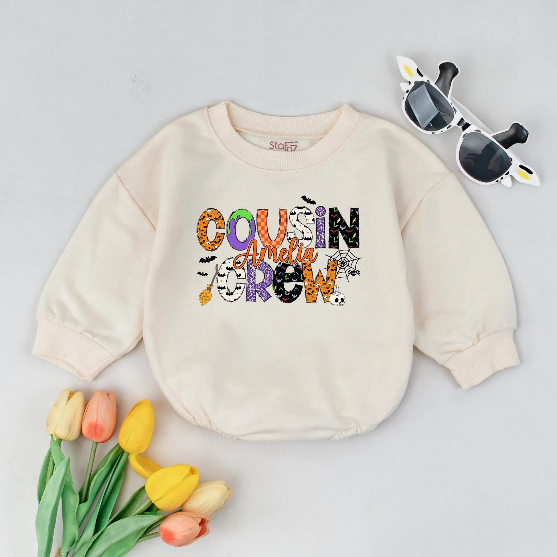 Personalized Cousin Crew Halloween Romper Playful Pumpkin Ghost Bat Pattern Baby Outfit Spooky Fall Infant Gift Bubble Bodysuit Boy Girl