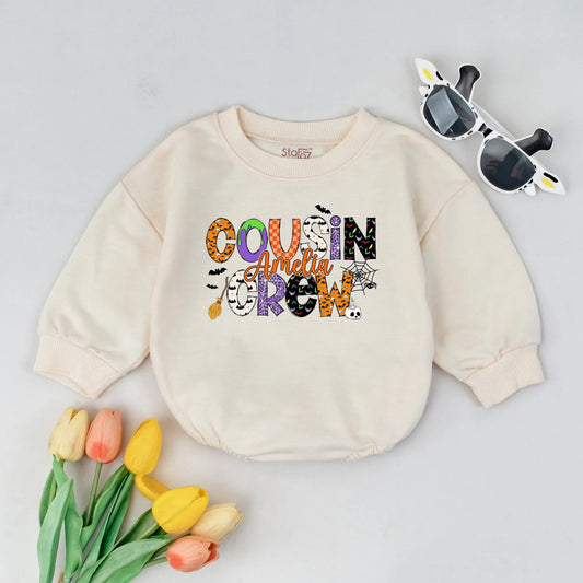 Personalized Cousin Crew Halloween Romper Playful Pumpkin Ghost Bat Pattern Baby Outfit Spooky Fall Infant Gift Bubble Bodysuit Boy Girl