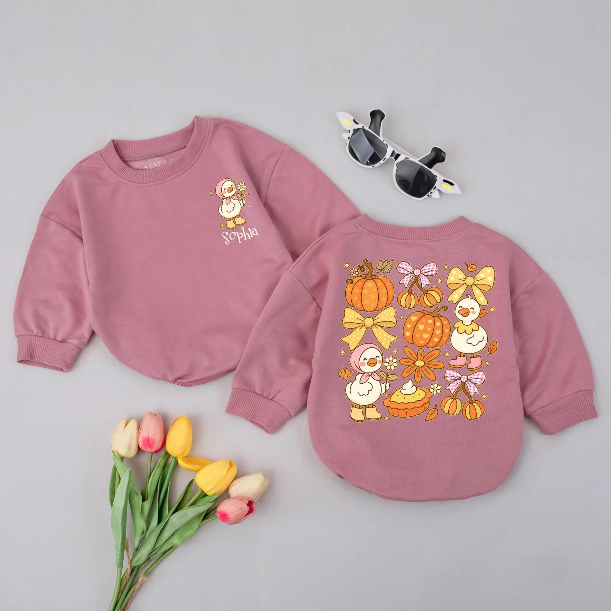 Custom Name Sophia Fall Goose Baby Romper Preppy Pumpkin Thanksgiving Outfit Playful Pink Bow Yellow Star Infant Bodysuit Cozy Newborn Shower Gift