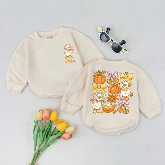 Custom Name Sophia Fall Goose Baby Romper Preppy Pumpkin Thanksgiving Outfit Playful Pink Bow Yellow Star Infant Bodysuit Cozy Newborn Shower Gift
