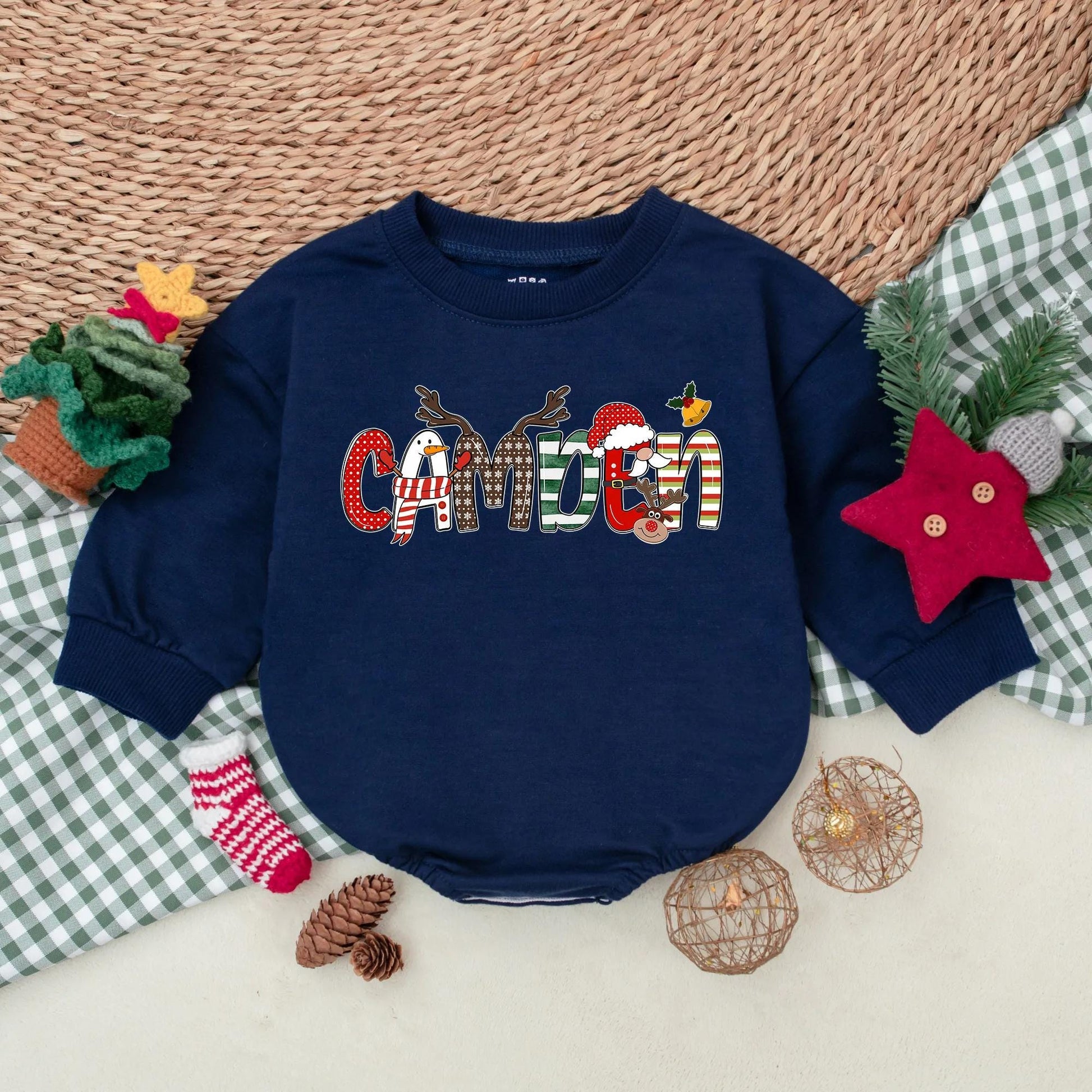 Custom Camden Christmas Romper Outfit Baby Boy My First Christmas Bodysuit Holiday Toddler Sweatshirt Winter Gift Personalized Name Festive Xmas Clothes