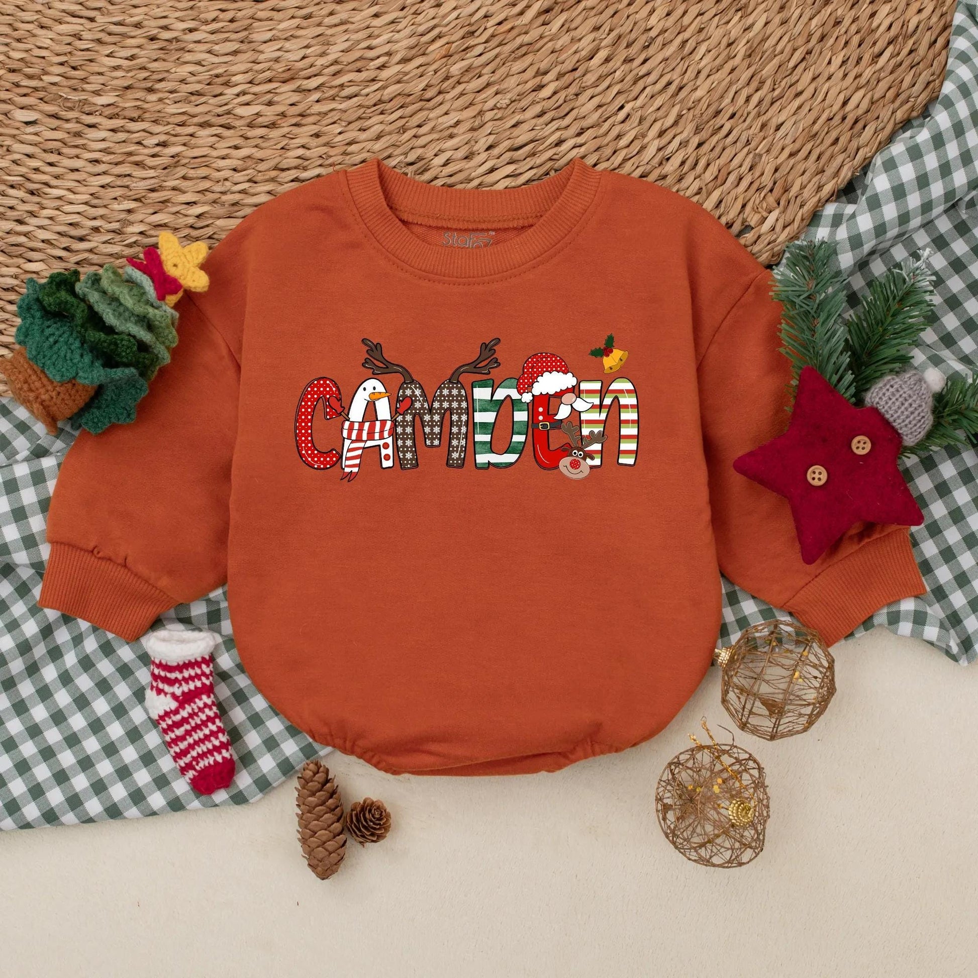 Custom Camden Christmas Romper Outfit Baby Boy My First Christmas Bodysuit Holiday Toddler Sweatshirt Winter Gift Personalized Name Festive Xmas Clothes