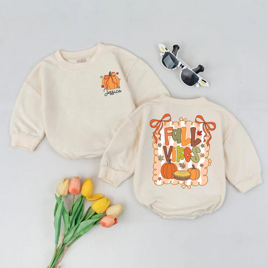 Personalized Fall Vibes Baby Girl Romper, Pumpkin & Bow Newborn Outfit, Custom Thanksgiving Bodysuit, 'Jessica' Fall Leaves Design, Baby Shower Gift