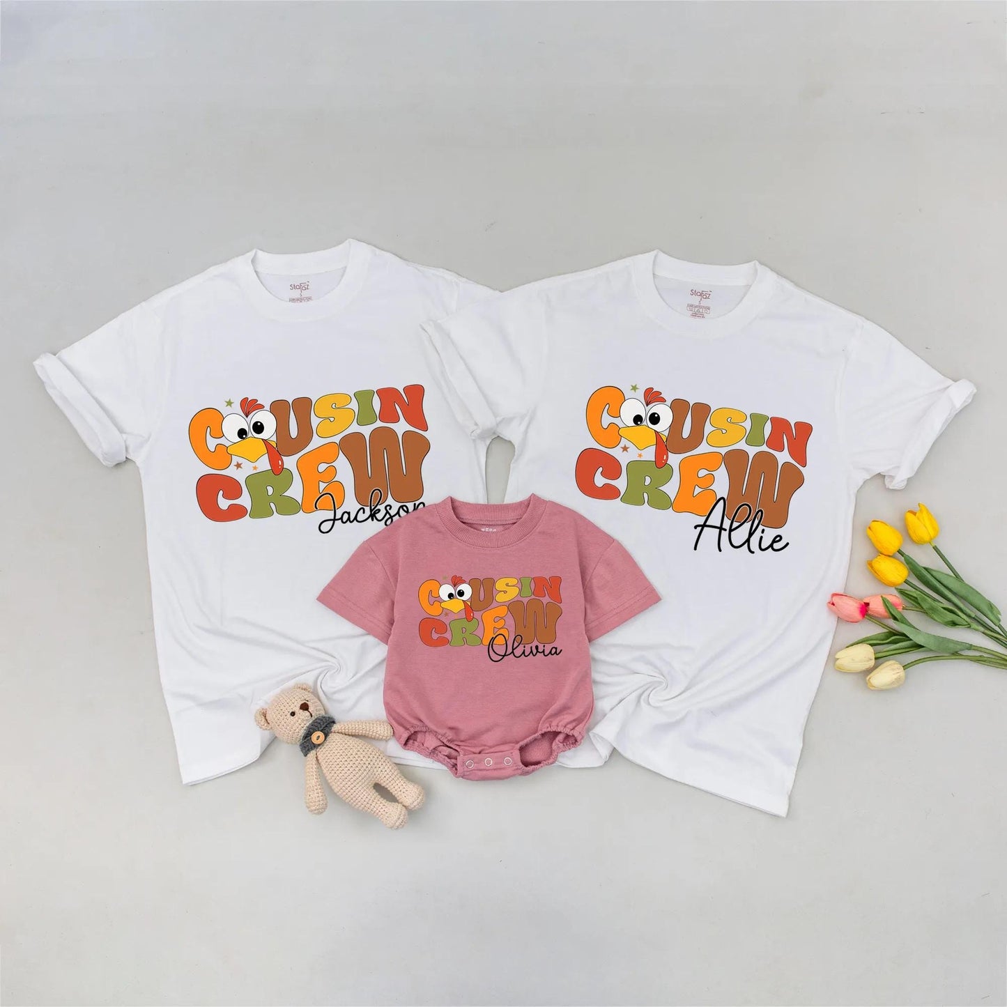 Personalized Cousin Crew Thanksgiving Matching Shirt with Names Retro Bubbly Turkey Design Star Accents Warm Palette Family Dinner Holiday Gift