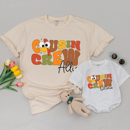 Personalized Cousin Crew Thanksgiving Matching Shirt with Names Retro Bubbly Turkey Design Star Accents Warm Palette Family Dinner Holiday Gift