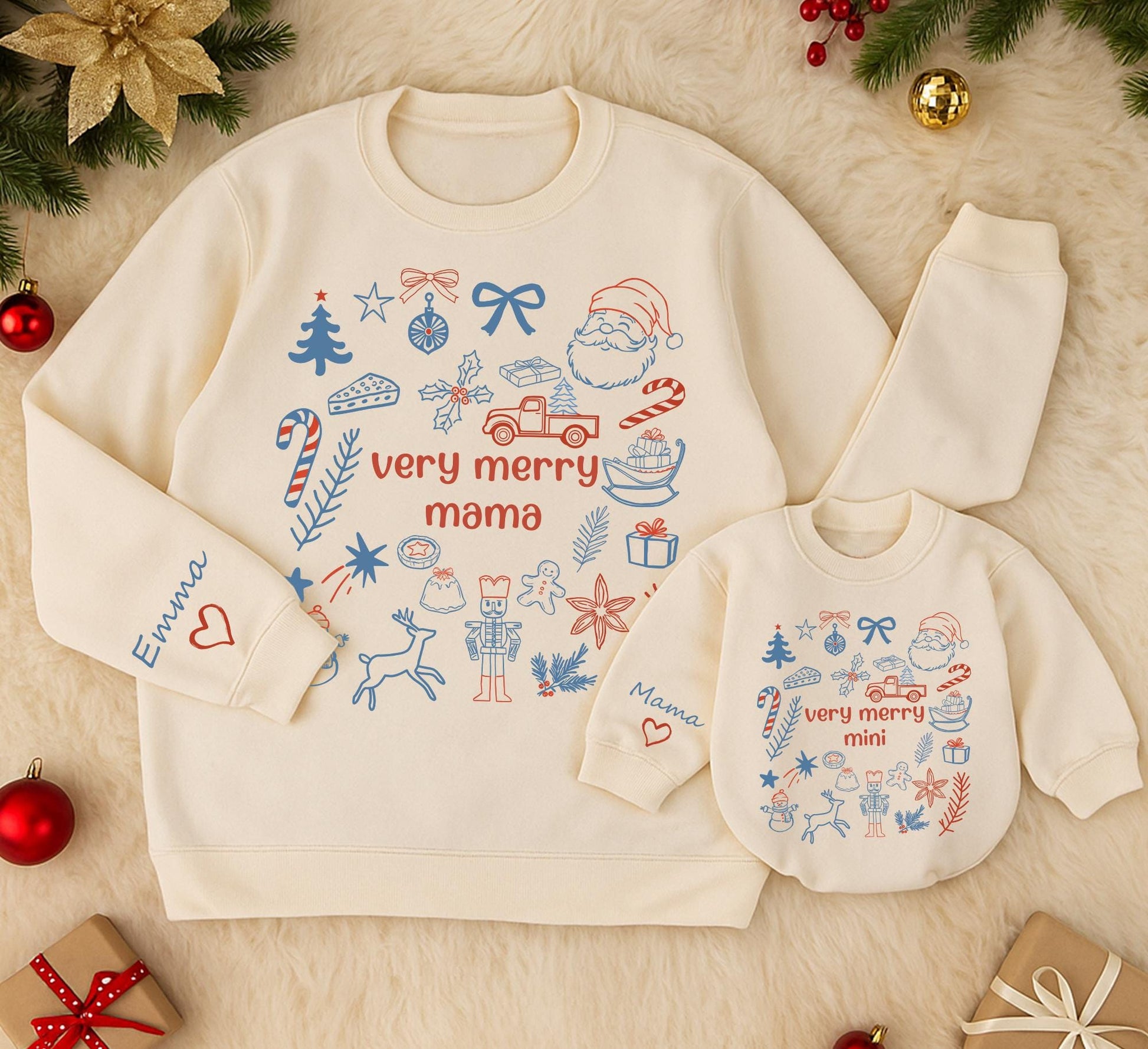 Personalized Very Merry Mama and Mini Matching Christmas Sweatshirts, Red and Blue Mom Daughter Holiday Outfits with Playful Hand-Drawn Icons