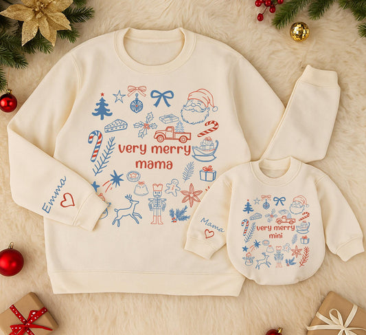 Personalized Very Merry Mama and Mini Matching Christmas Sweatshirts, Red and Blue Mom Daughter Holiday Outfits with Playful Hand-Drawn Icons