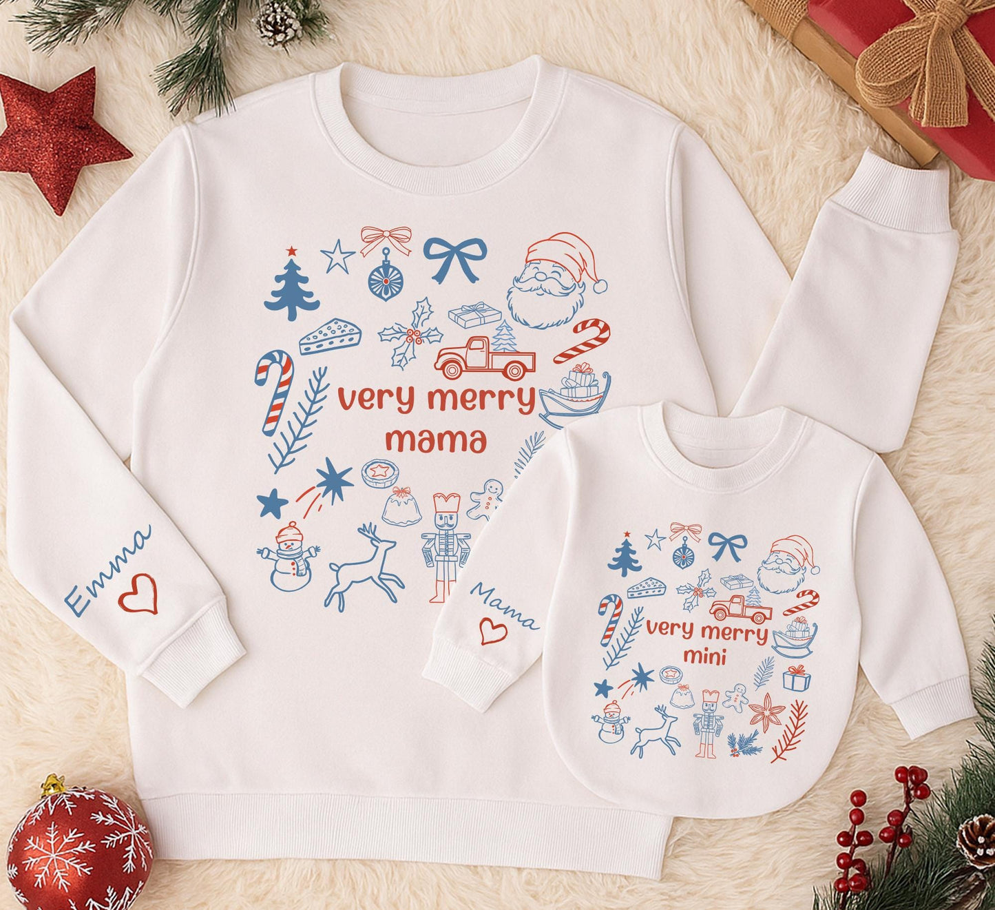 Personalized Very Merry Mama and Mini Matching Christmas Sweatshirts, Red and Blue Mom Daughter Holiday Outfits with Playful Hand-Drawn Icons