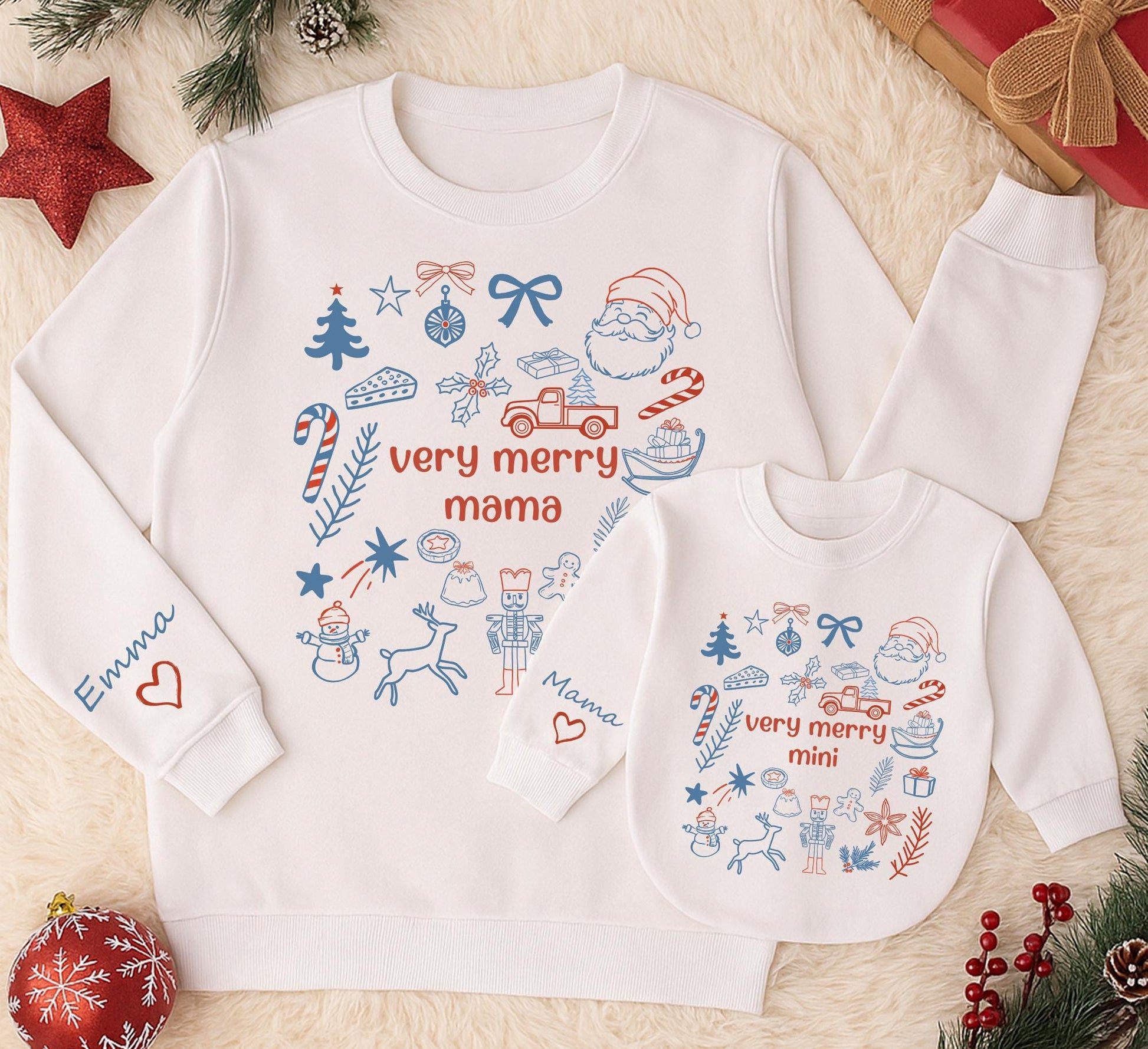 Personalized Very Merry Mama and Mini Matching Christmas Sweatshirts, Red and Blue Mom Daughter Holiday Outfits with Playful Hand-Drawn Icons