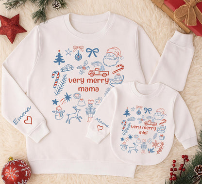 Personalized Very Merry Mama and Mini Matching Christmas Sweatshirts, Red and Blue Mom Daughter Holiday Outfits with Playful Hand-Drawn Icons