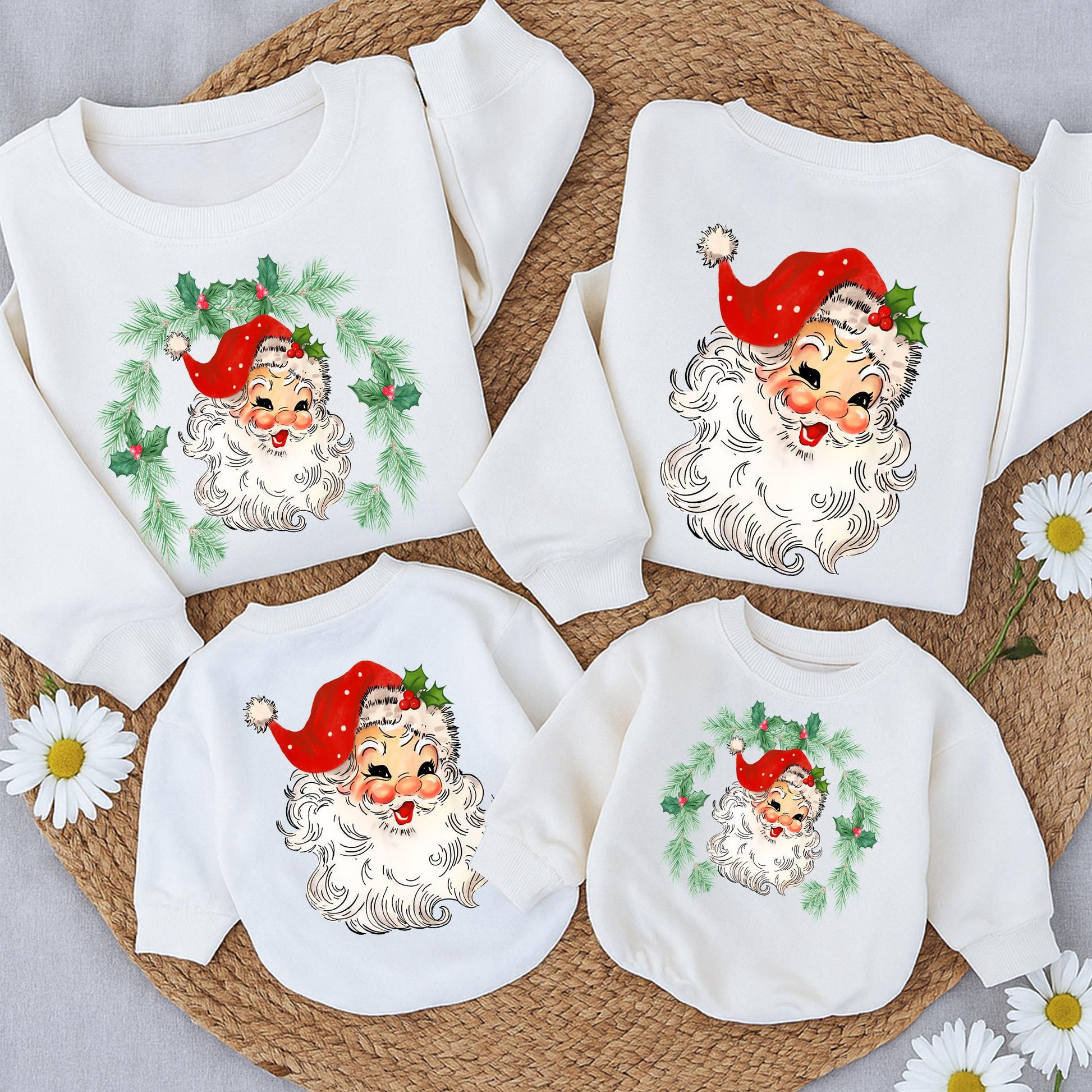 Retro Santa Christmas Family Matching Sweatshirt Vintage Graphic Two-Sided Holiday Toddler Baby Kids Outfit Rosy Cheeks Holly Hat Wreath